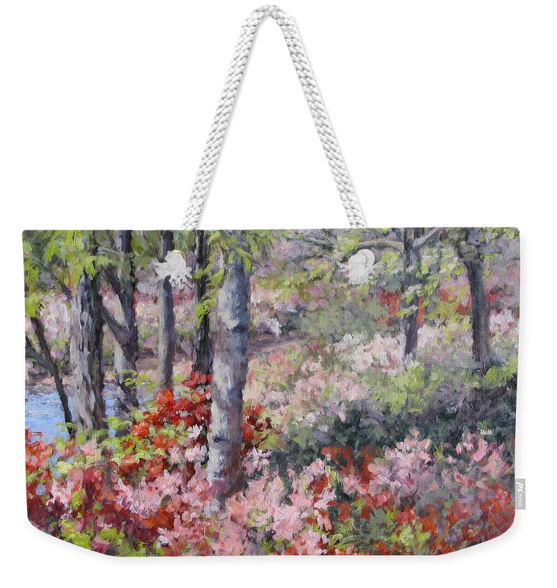 Azaleas Weekender Tote Bag featuring the painting Stars of Spring by L Diane Johnson