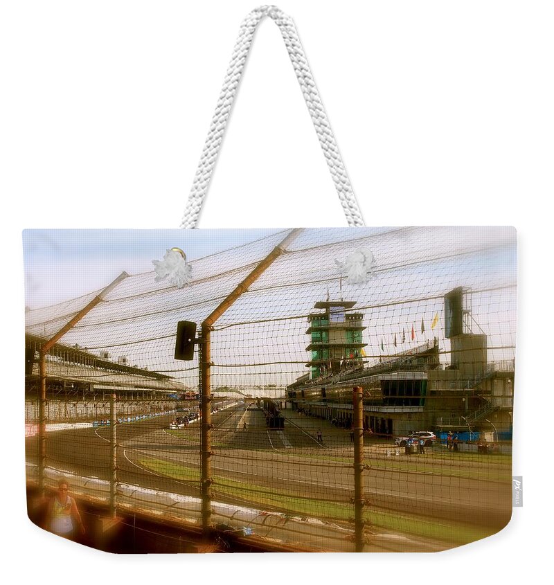 Indy Indianapolis Motor Speedway Collectibles Weekender Tote Bag featuring the photograph Start Finish Indianapolis Motor Speedway by Iconic Images Art Gallery David Pucciarelli