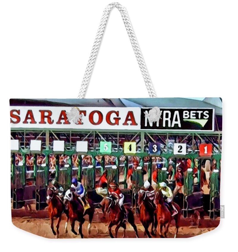 Saratoga Weekender Tote Bag featuring the digital art Starting Gate Saratoga by CAC Graphics