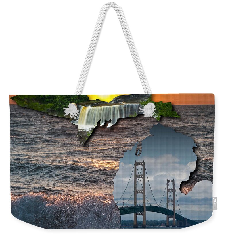 Art Weekender Tote Bag featuring the photograph State of Michigan Map with the Tahquamenon Falls and Mackinaw Bridge by Randall Nyhof