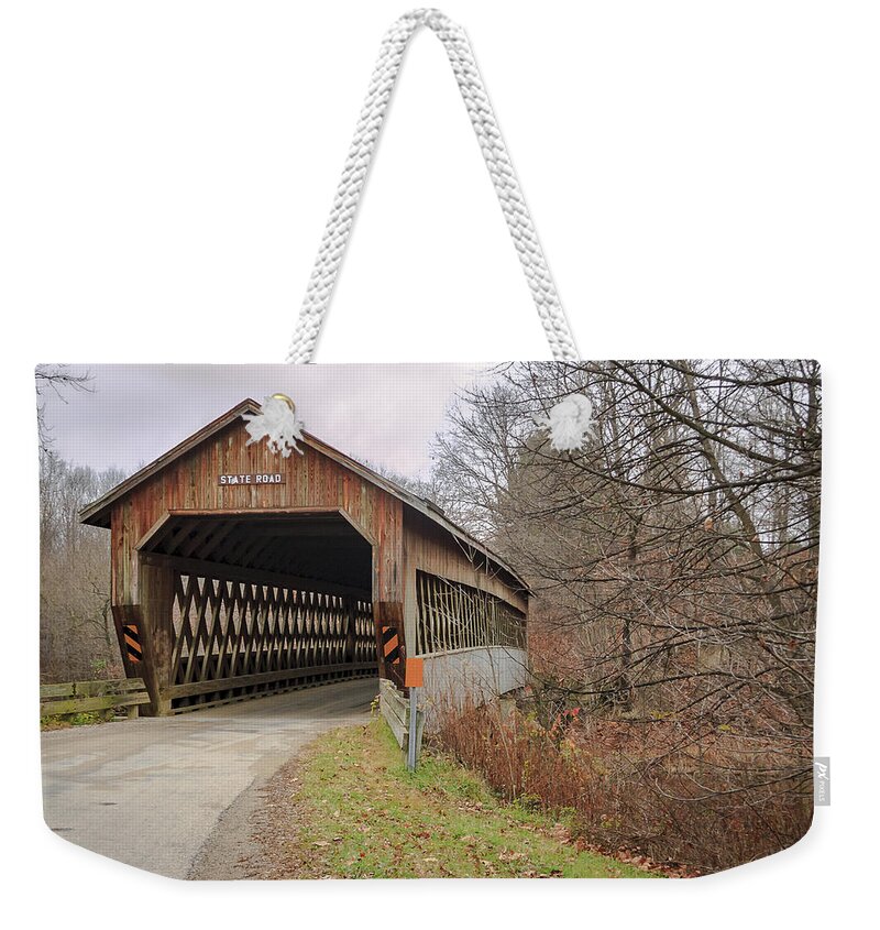 America Weekender Tote Bag featuring the photograph State Road Covered Bridge by Jack R Perry