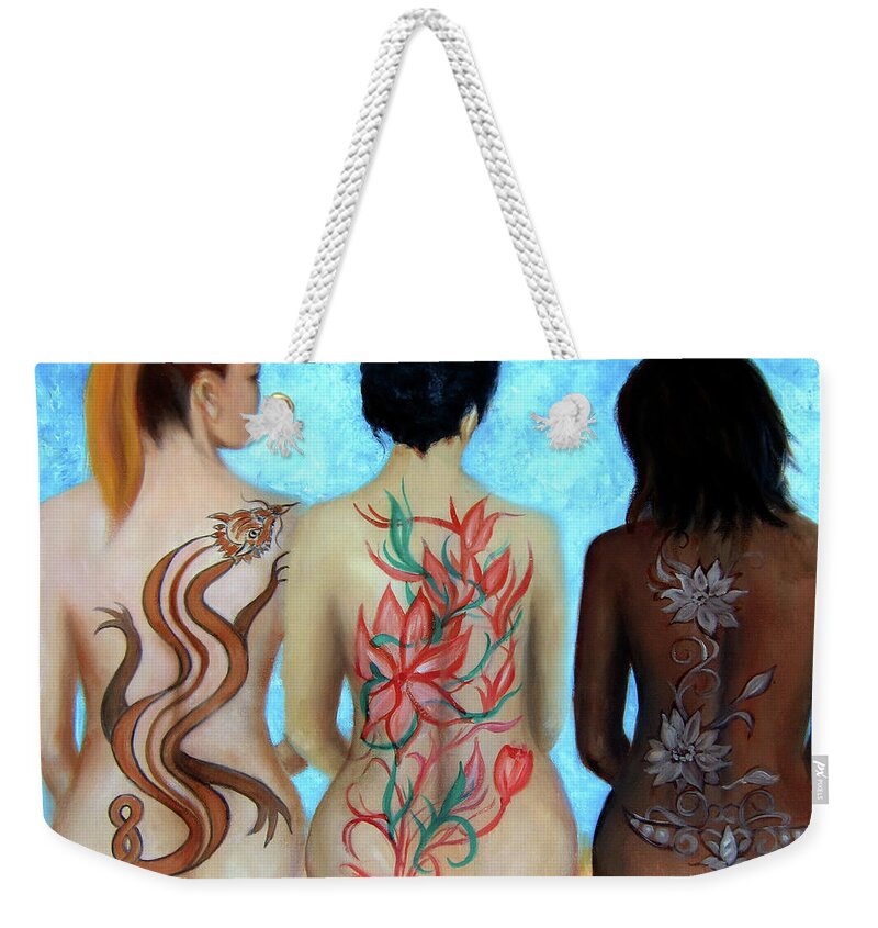 Tattooed Women Nudes Weekender Tote Bag featuring the painting Tattooed Stately Curves by Leonardo Ruggieri