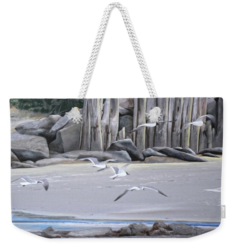 Weathered And Worn Old Wood Wall Weekender Tote Bag featuring the painting Statio 12 by Virginia Bond