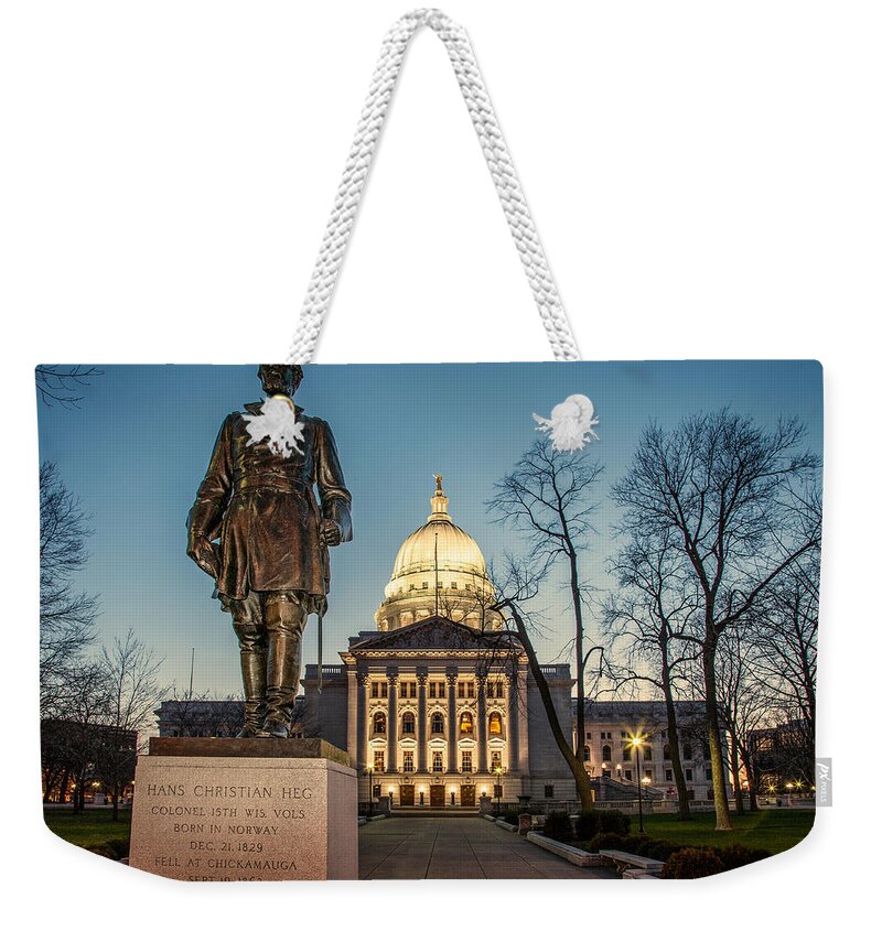 Wisconsin State Capitol Weekender Tote Bag featuring the photograph Statue Capitol Dusk by Todd Klassy