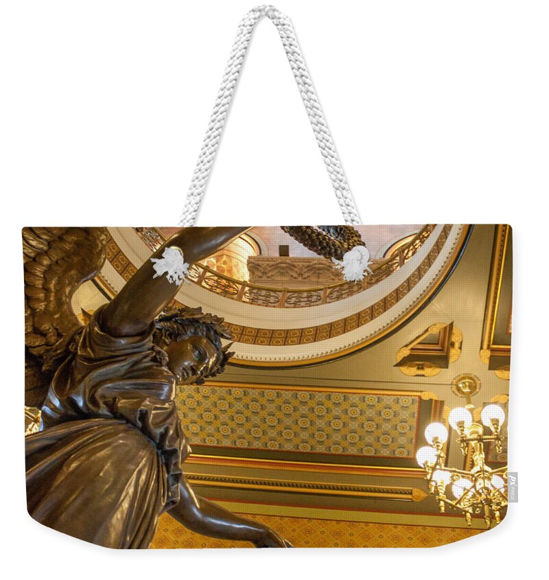 Architecture Weekender Tote Bag featuring the photograph Statue of Genius Vertical by Thomas Marchessault