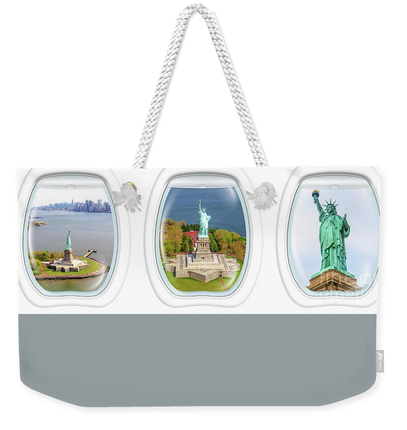 New York Weekender Tote Bag featuring the photograph Statue of Liberty Portholes by Benny Marty