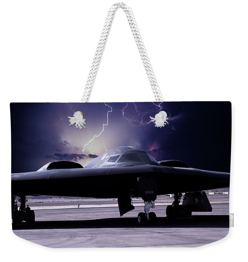 B-2 Stealth Bomber Weekender Tote Bag featuring the mixed media Stealth Lightning by Erik Simonsen