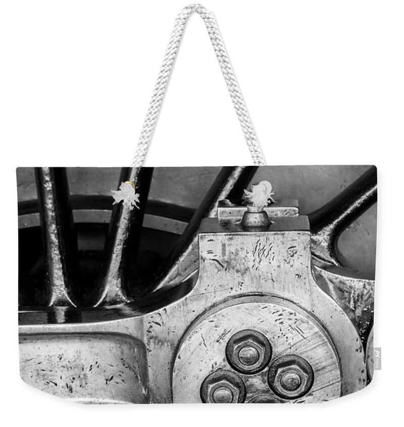 Vintage Weekender Tote Bag featuring the photograph Steam Engine Wheel BW by Rick Deacon