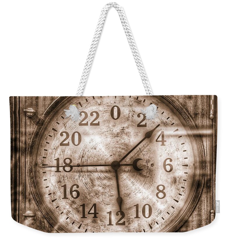 Steampunk Weekender Tote Bag featuring the photograph Steampunk - 24 Hour Antique Clock Sepia by Marianna Mills
