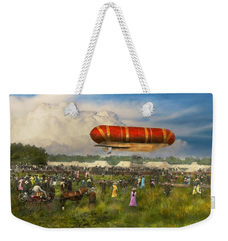 Spectacle Weekender Tote Bag featuring the photograph Steampunk - Blimp - Launching Nulli Secundus II 1908 by Mike Savad