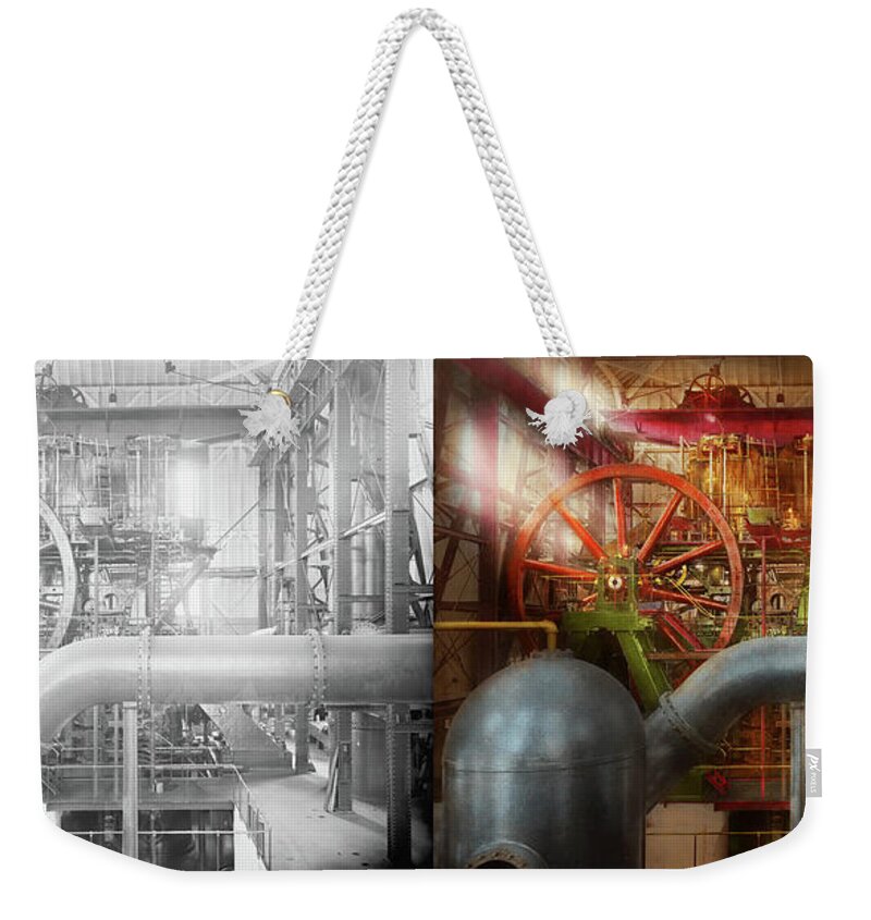 Steampunk Art Weekender Tote Bag featuring the photograph Steampunk - Pump - Wheel of progress 1906 - Side by Side by Mike Savad