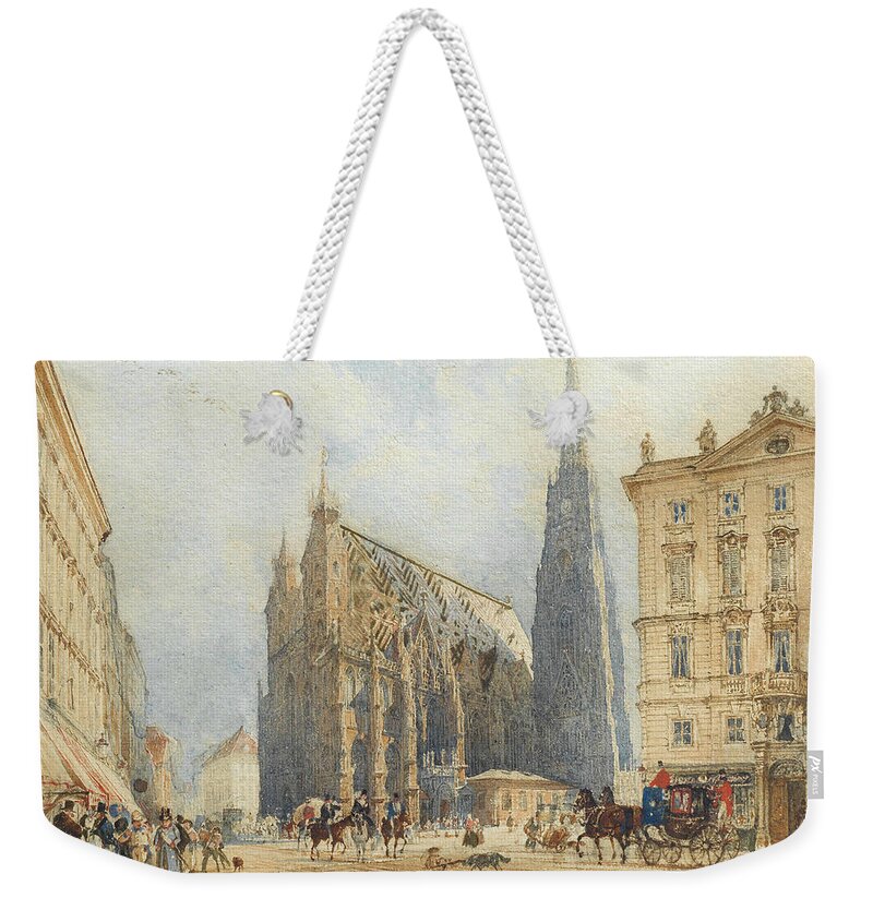19th Century Art Weekender Tote Bag featuring the painting Stephansplatz in Vienna with the Cathedral by Rudolf von Alt