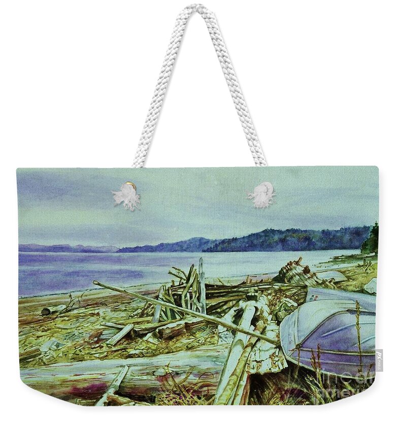 Cynthia Pride Watercolor Art Weekender Tote Bag featuring the painting Stick-up Beach by Cynthia Pride