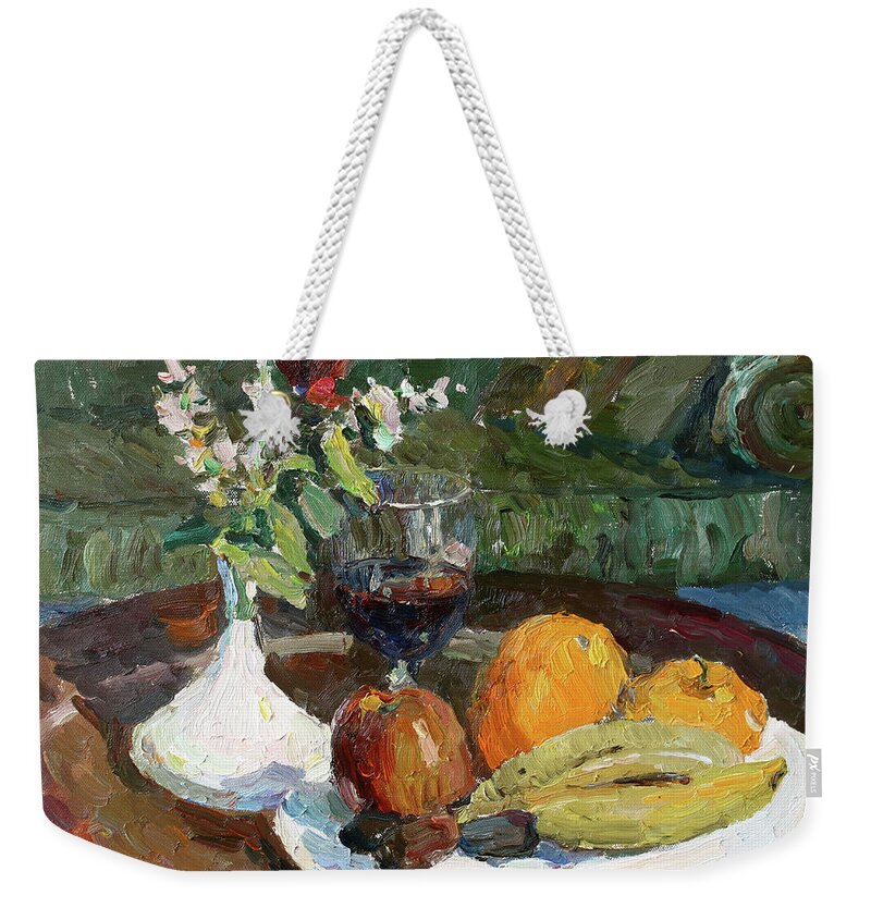 Still Life Weekender Tote Bag featuring the painting Still Life in the hotel by Juliya Zhukova
