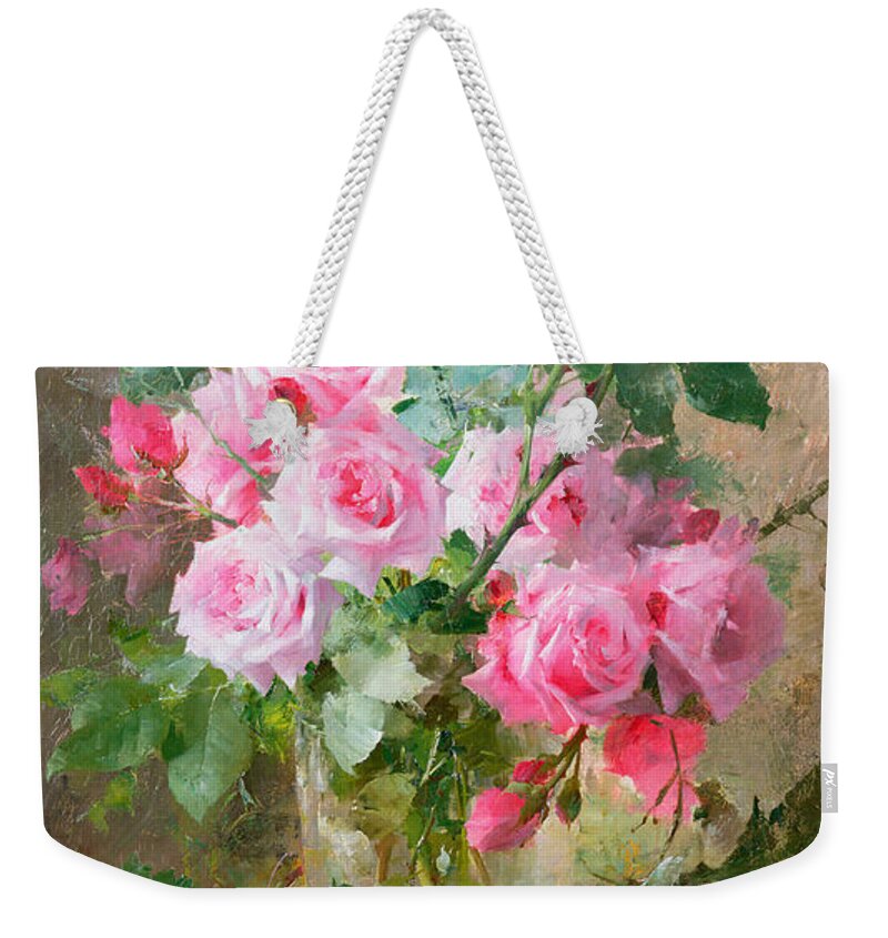 Still Weekender Tote Bag featuring the painting Still life of roses in a glass vase by Frans Mortelmans