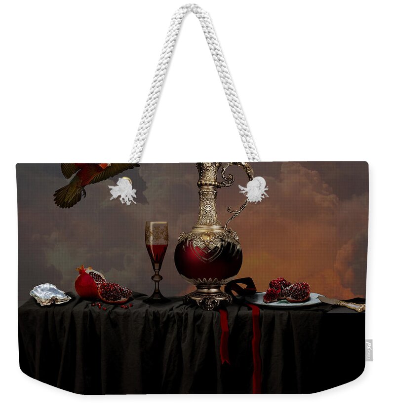 Red Weekender Tote Bag featuring the photograph Still life with pomegranate by Alexa Szlavics