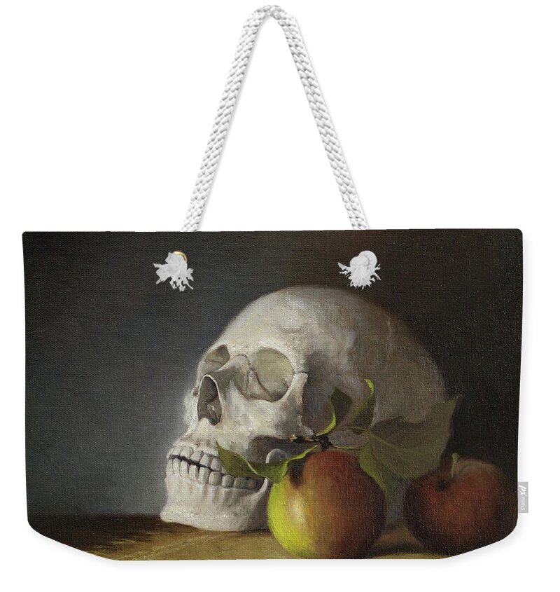 Human Skull Weekender Tote Bag featuring the painting Still Life With Skull by Joe Winkler