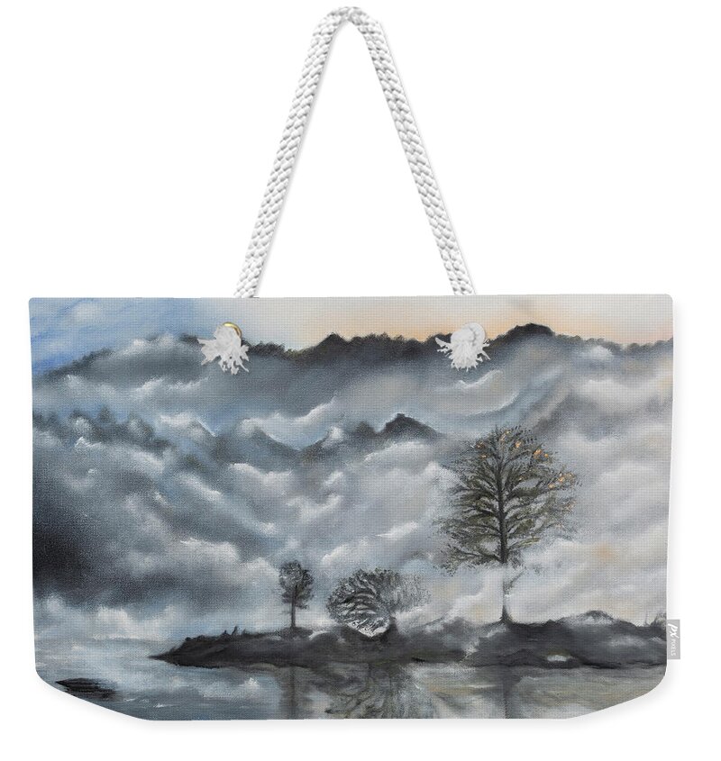 Lake Weekender Tote Bag featuring the painting Stillness by Neslihan Ergul Colley