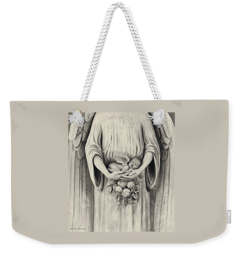 Black And White Weekender Tote Bag featuring the photograph Jonti and the Stone Angel by Anne Geddes