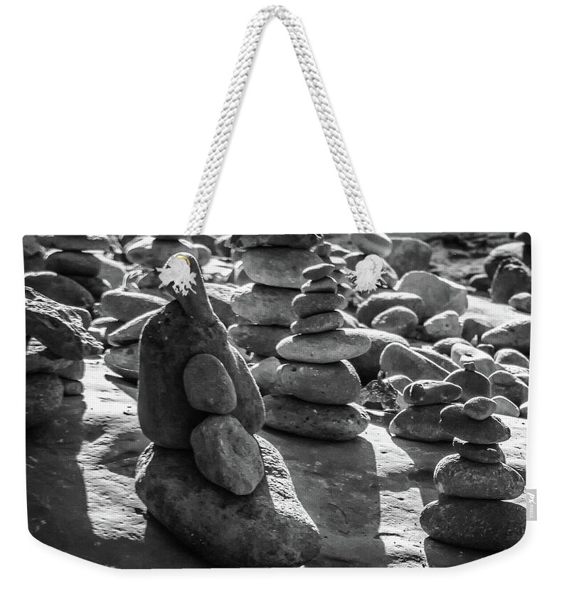 Stones Weekender Tote Bag featuring the photograph Stone Cairns 7791-101717-2cr-bw by Tam Ryan