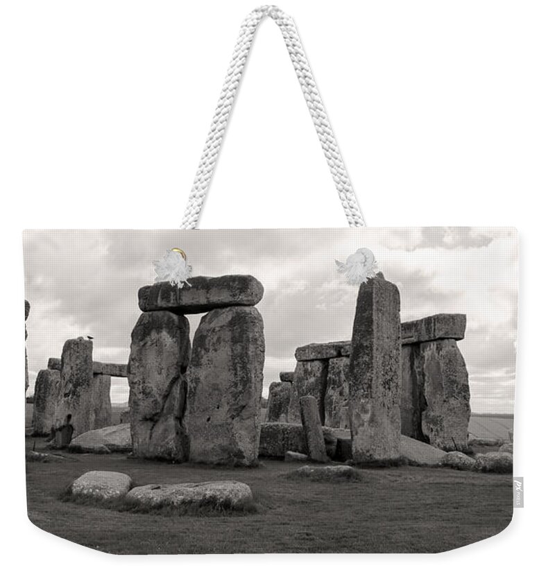 Stonehenge Weekender Tote Bag featuring the photograph Stonehenge England-Black and White by Shanna Hyatt