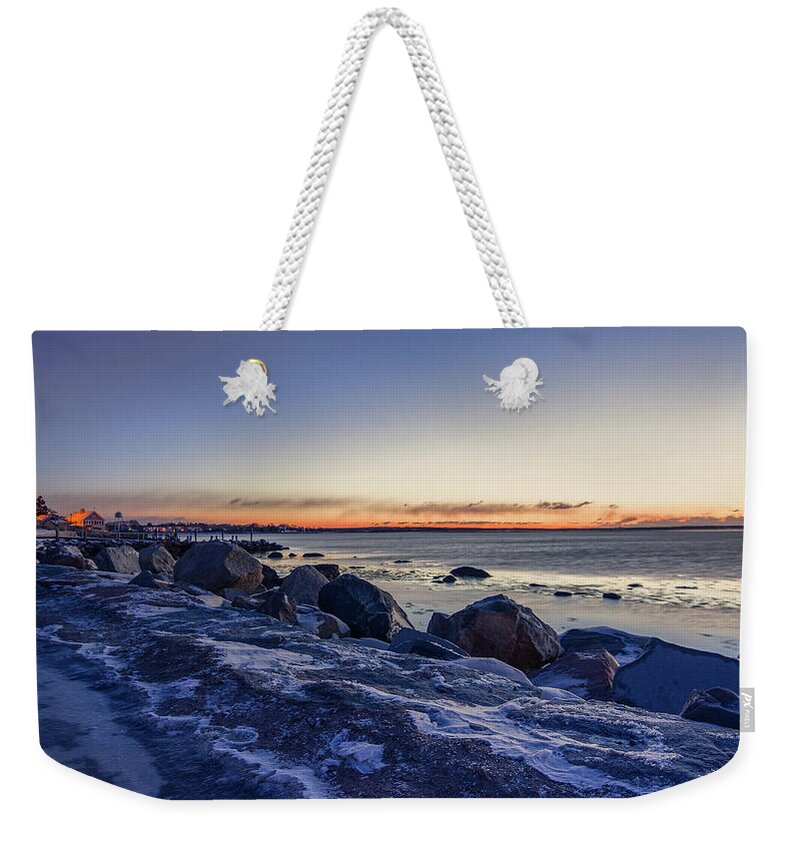 Stonington Weekender Tote Bag featuring the photograph Stonington Point Blue Hour by Kirkodd Photography Of New England