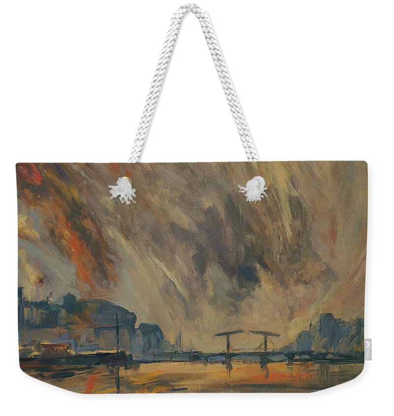Holland Weekender Tote Bag featuring the painting Storm 18012018 Amstel Amsterdam by Nop Briex