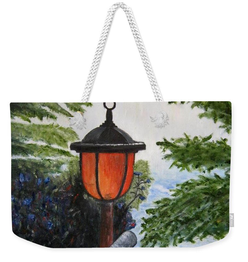 Solar Light Weekender Tote Bag featuring the painting Storm on Lake of the Woods by Marilyn McNish