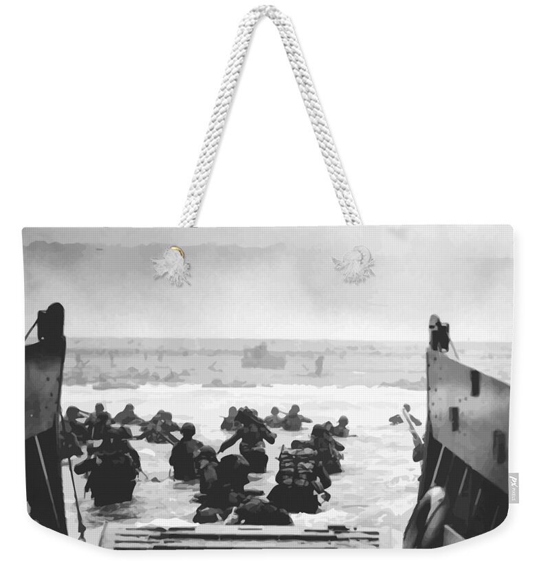 D Day Weekender Tote Bag featuring the painting Storming The Beach On D-Day by War Is Hell Store