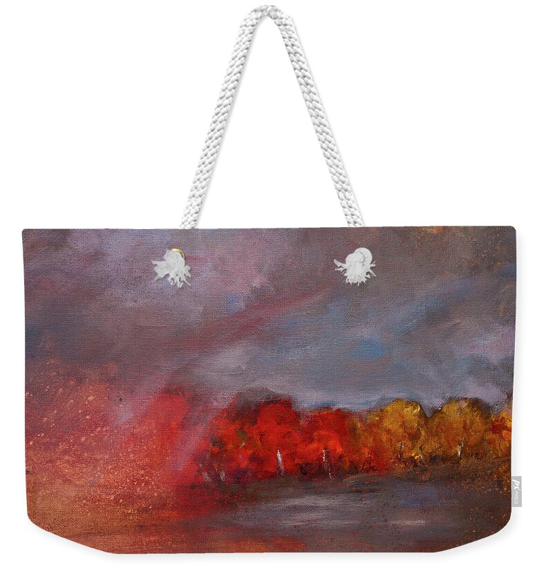 Stormy Landscape Painting Weekender Tote Bag featuring the painting Stormy Fall Landscape Red Yellow Leaves by Gray Artus