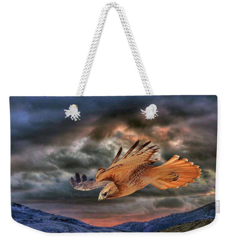 Red Tail Hawk Weekender Tote Bag featuring the photograph Stormy Flight by Donna Kennedy
