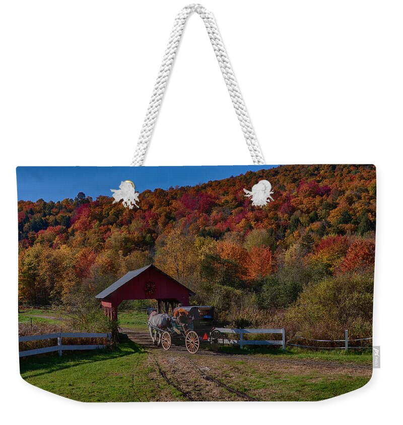 #jefffolger Weekender Tote Bag featuring the photograph Stowe Vermont carriage ride by Jeff Folger