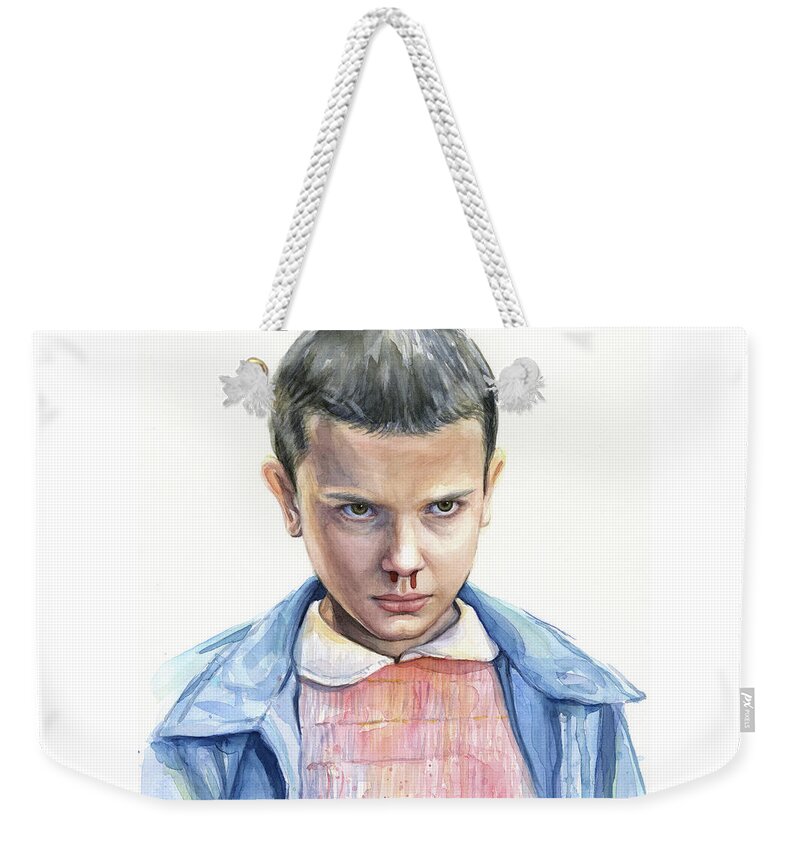 #faatoppicks Weekender Tote Bag featuring the painting Stranger Things Eleven Portrait by Olga Shvartsur