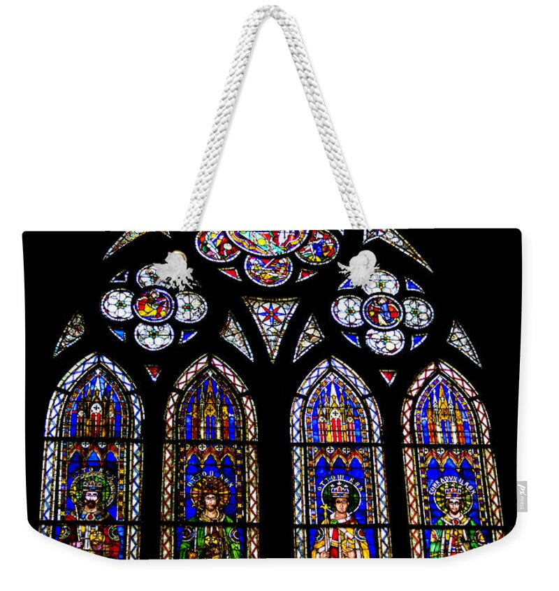 Alsace Weekender Tote Bag featuring the photograph Strasbourg Cathedral Stained Glass by Teresa Mucha