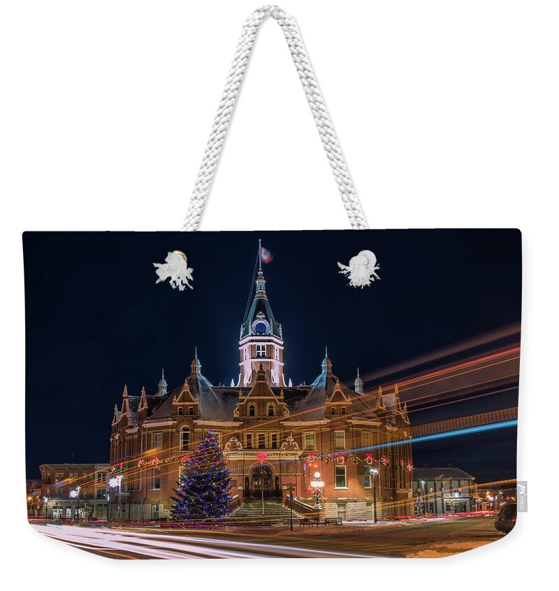 Stratford Weekender Tote Bag featuring the photograph Stratford City Hall during the holidays by Jay Smith