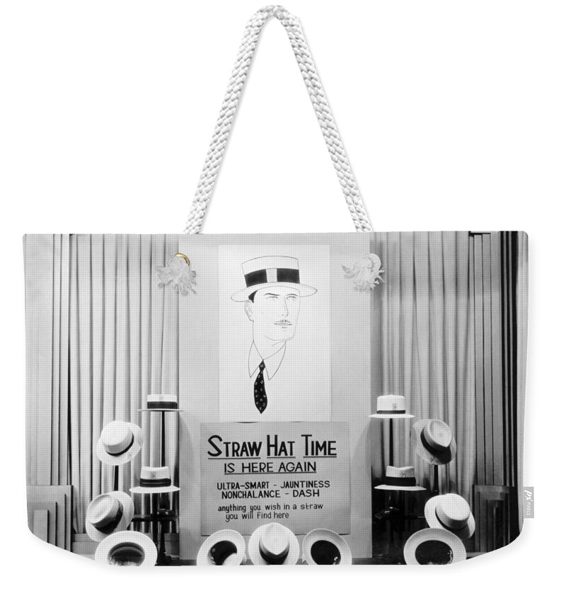 1920s Weekender Tote Bag featuring the photograph Straw Hat Day Display by Underwood Archives