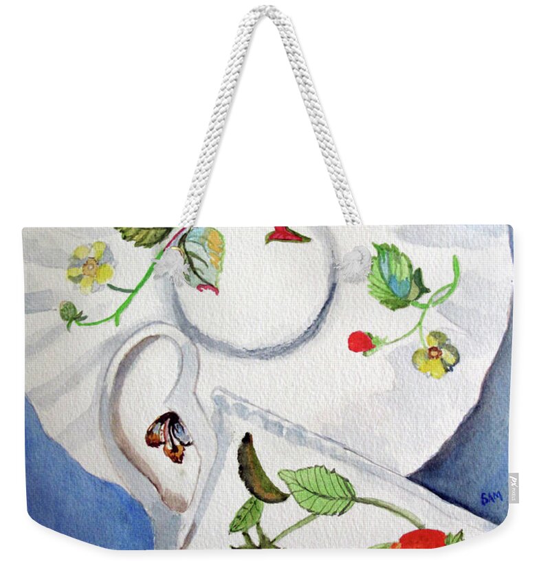 Strawberry Weekender Tote Bag featuring the painting Strawberry Cup and Saucer by Sandy McIntire