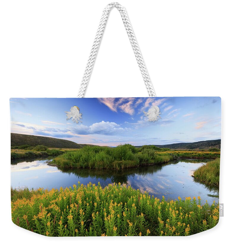 Strawberry River Weekender Tote Bag featuring the photograph Strawberry River with summer flowers. by Wasatch Light