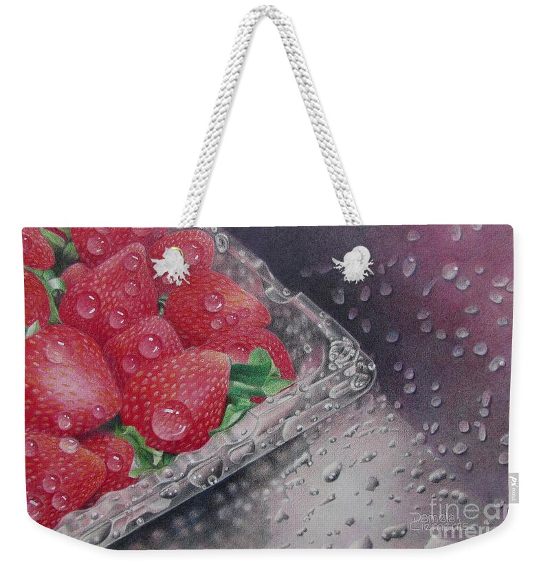 Strawberries Weekender Tote Bag featuring the drawing Strawberry Splash by Pamela Clements