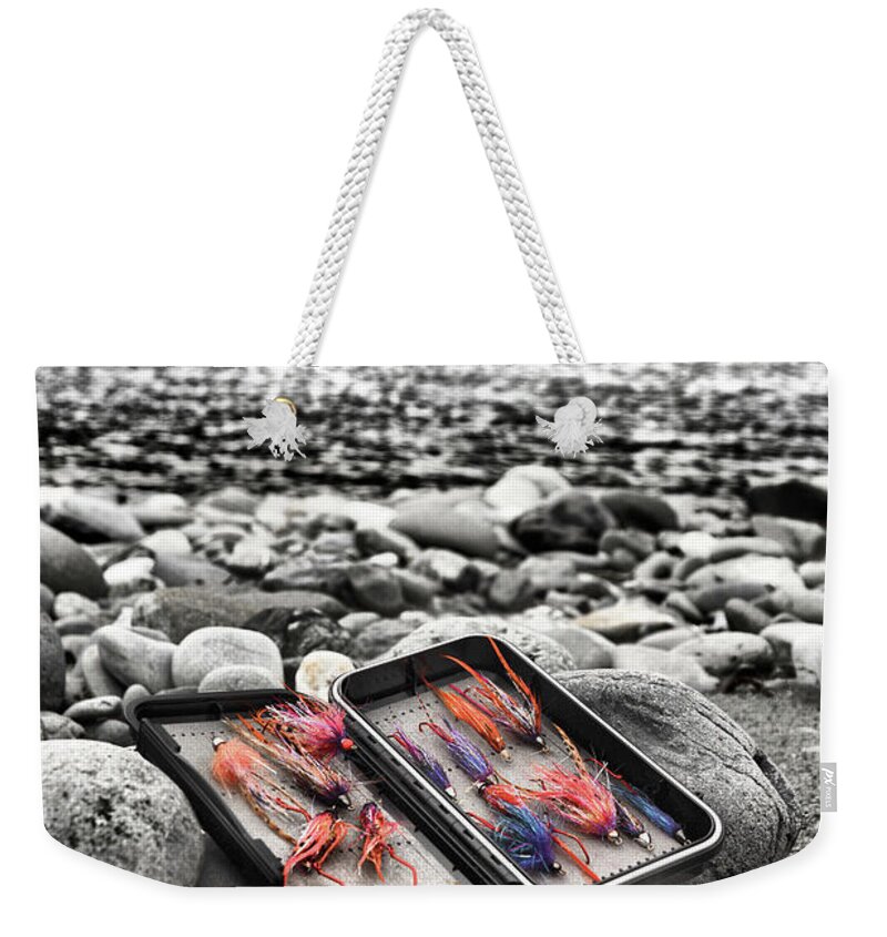  Weekender Tote Bag featuring the photograph Stream side Fly Box by Jason Brooks