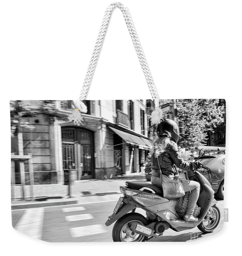 Barcelona Weekender Tote Bag featuring the photograph Street Photo Motorbike Barcelona by Chuck Kuhn