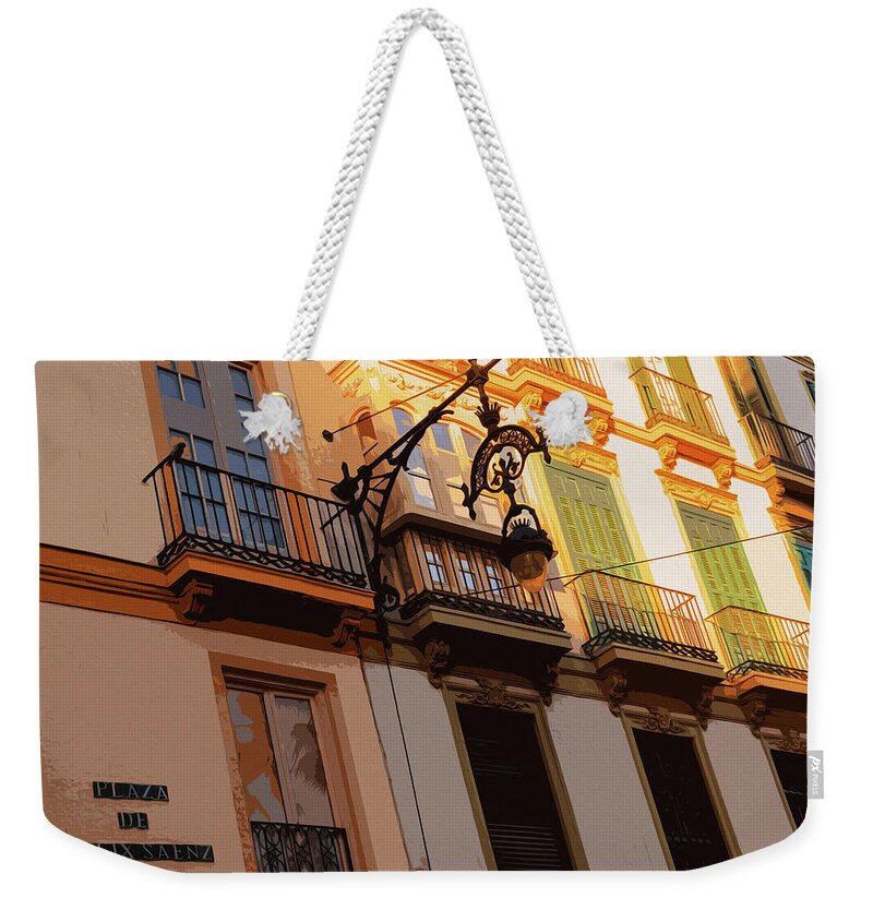 Malaga Weekender Tote Bag featuring the painting Streets of Malaga, Felix Saenz Square - 01 by AM FineArtPrints
