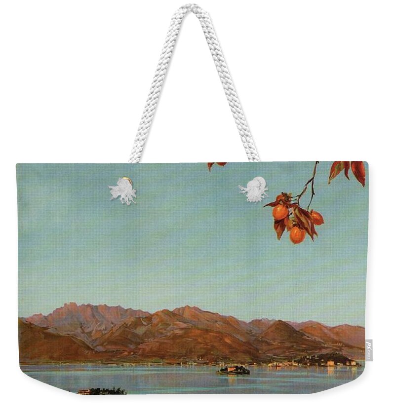 Stresa Weekender Tote Bag featuring the mixed media Stresa Borromeo - Maggiore Lake, Italy - Retro travel Poster - Vintage Poster by Studio Grafiikka