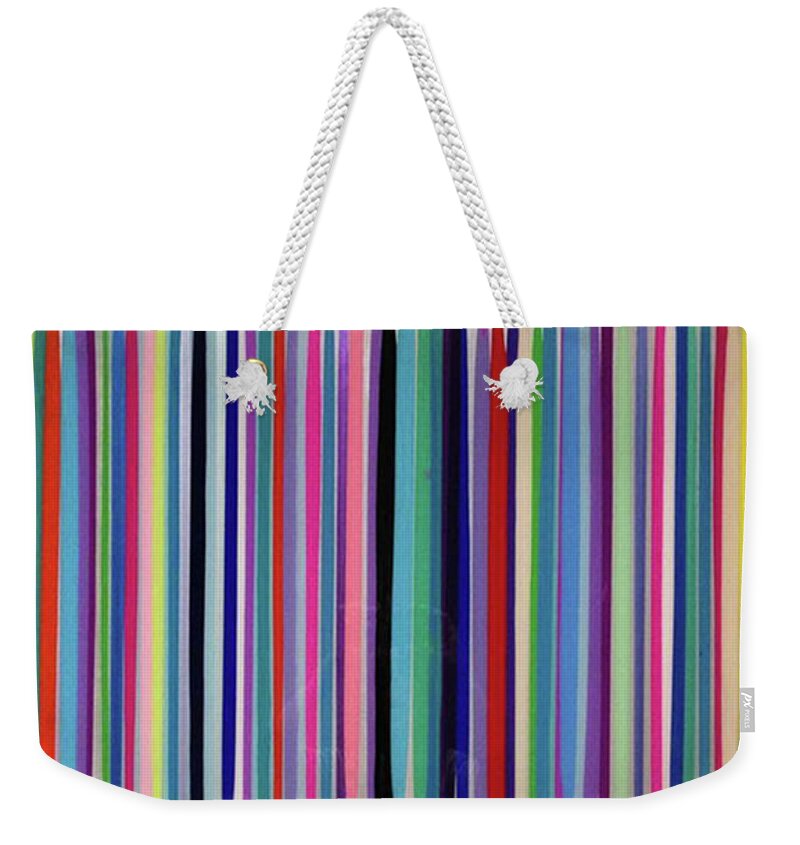 Stripes Weekender Tote Bag featuring the painting Striation Teals by Margalit Romano