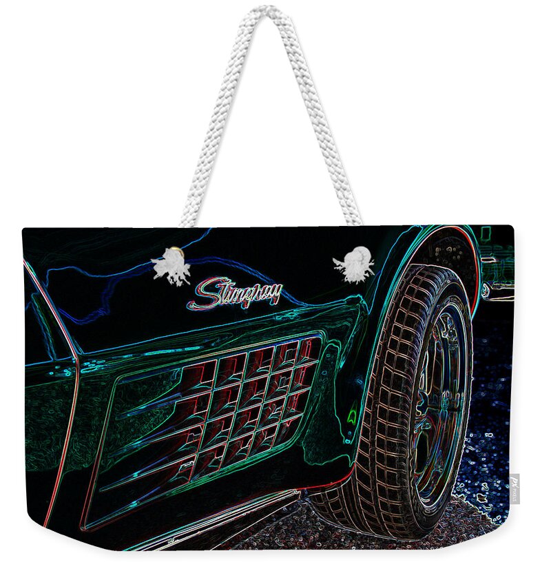 Corvette Weekender Tote Bag featuring the digital art Stringray Neon by Darrell Foster