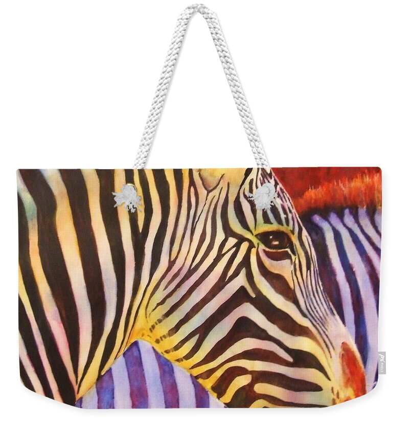 Zebra Weekender Tote Bag featuring the painting Stripes by Greg and Linda Halom