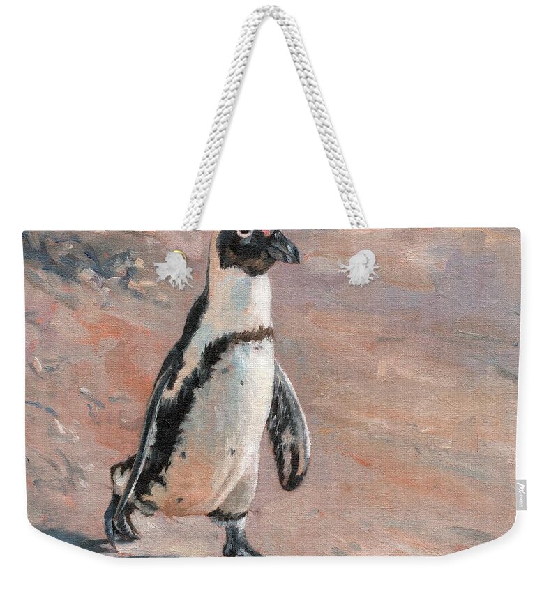 Penguin Weekender Tote Bag featuring the painting Stroll Along The Beach by David Stribbling