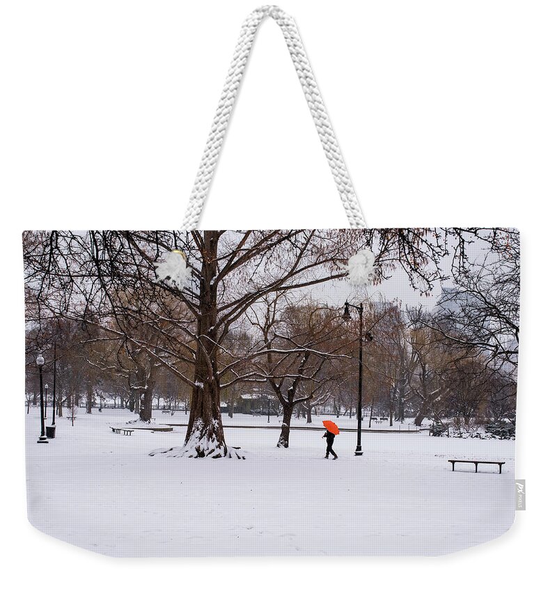 Boston Weekender Tote Bag featuring the photograph Strolling the Boston Public Garden on a snowy morning Boston MA by Toby McGuire