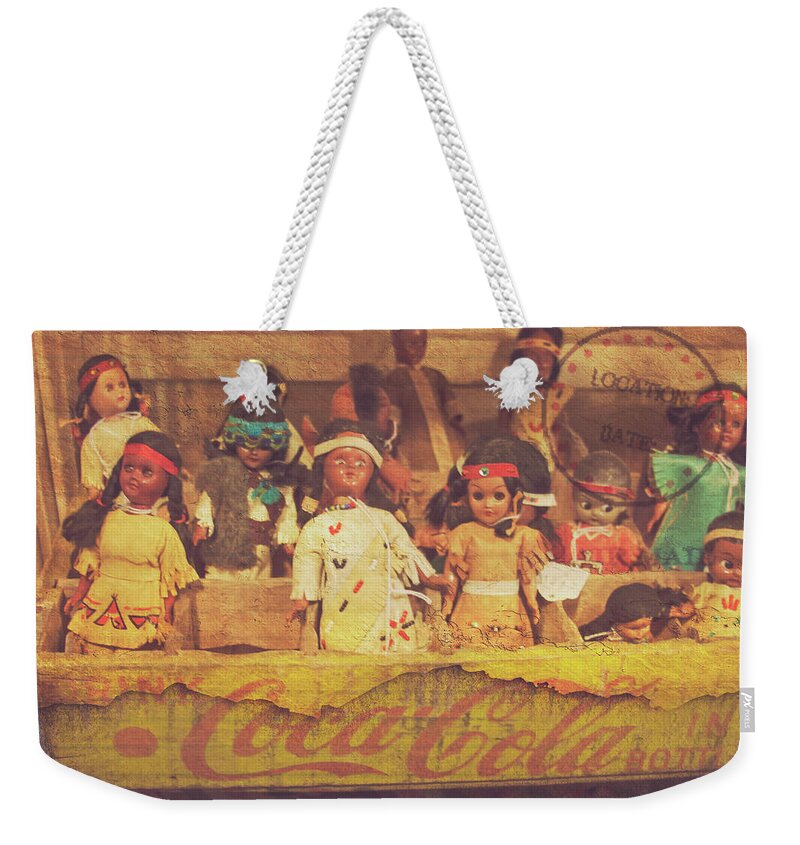 Vintage Dolls Weekender Tote Bag featuring the photograph Stuck in this Box with Nothing to Drink by Toni Hopper