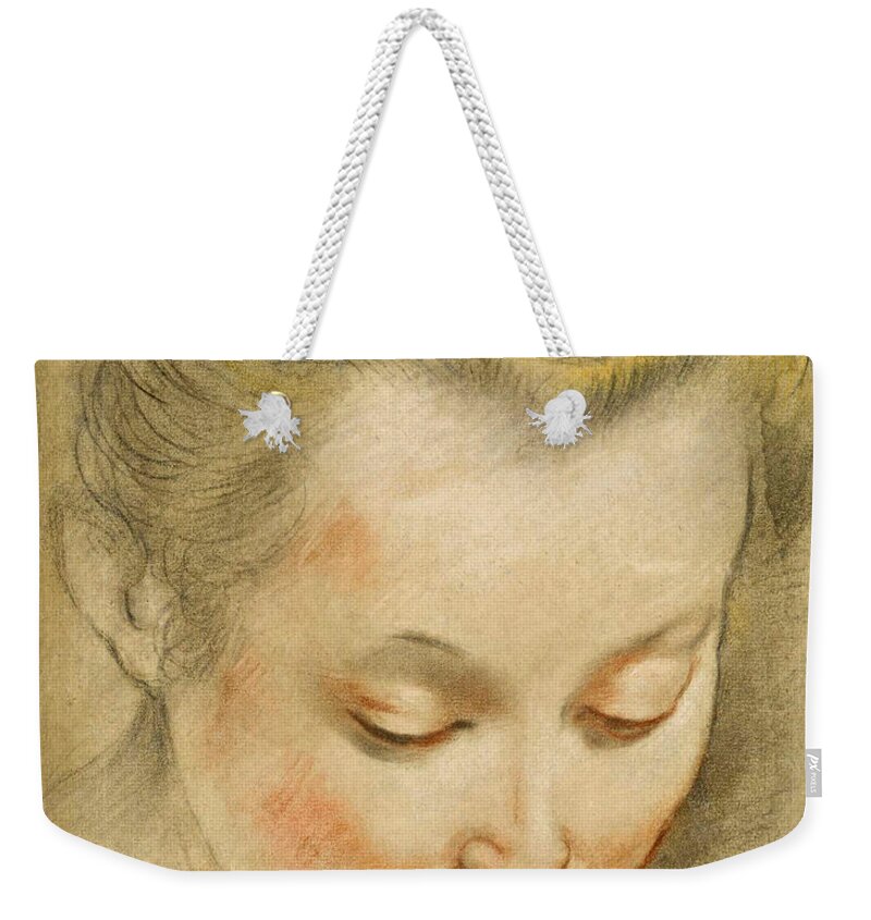 Federico Barocci Weekender Tote Bag featuring the drawing Study of the Head of a Young Woman looking down to the Right by Federico Barocci